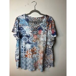 Womens 2XL Blouse Top Multicolor Floral Paisley Short Sleeve Crochet Detail Boho